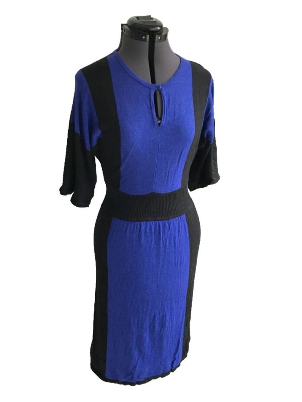 New Direction Colorblock Knit Dress, Size Medium, Blue Black Elbow Sleeve